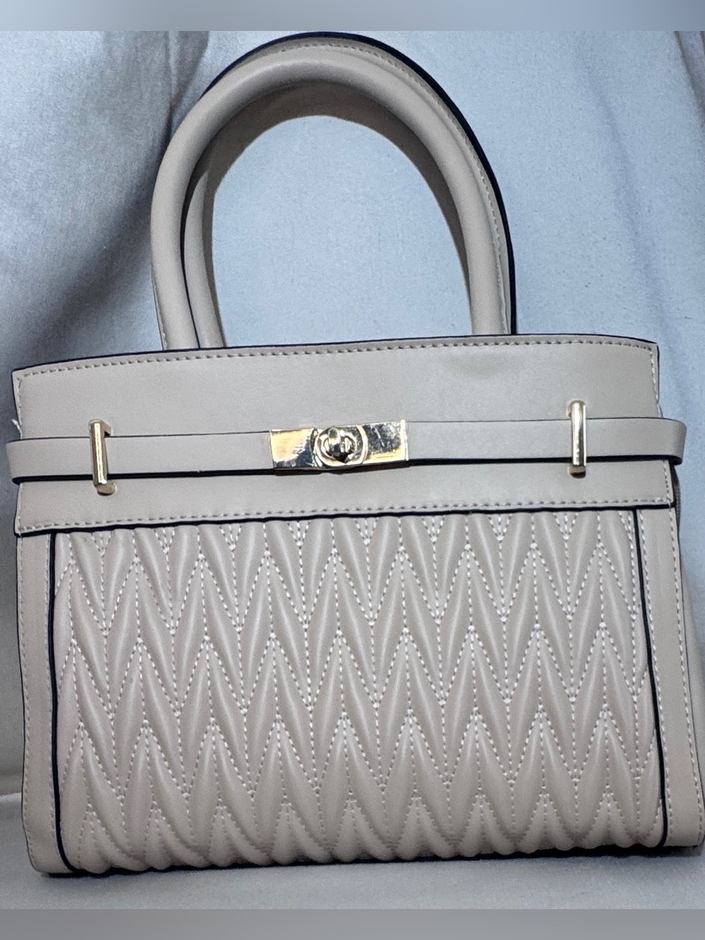Cream Quilted Satchel with Gold-Tone Accent